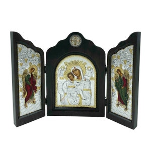 Virgin Mary and Angels Silver Icon: Handmade Greek Orthodox Triptych
