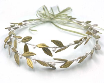 Handmade Porcelain Olive leaves STEFANA with Vintage Gold Coloring / Vintage Olive Green n' Gold Wedding Crowns/ Ancient Greek Style Crowns