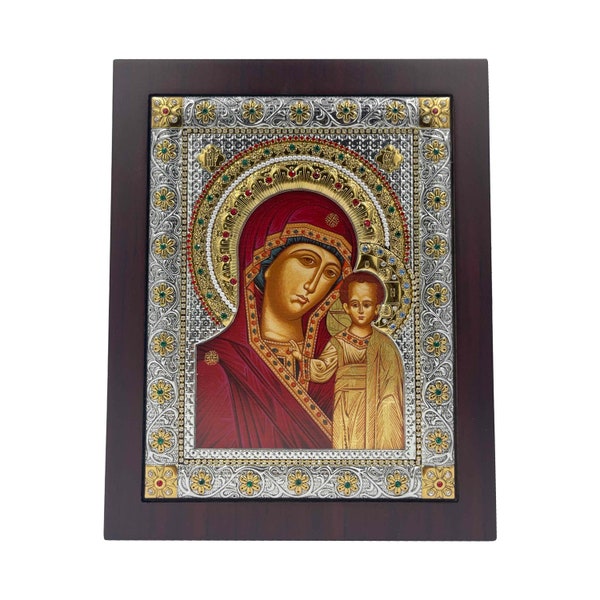 Virgin Mary Silver Christian Orthodox Icon / Virgin Mary / Triptych /  Stones Pearls / Handmade