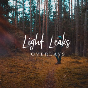 Puede incluir: Una escena de bosque con árboles altos y una persona en un camino. La imagen tiene una paleta de colores cálidos con rayos de luz que brillan a través de los árboles. La superposición de texto dice "Light Leaks Overlays."