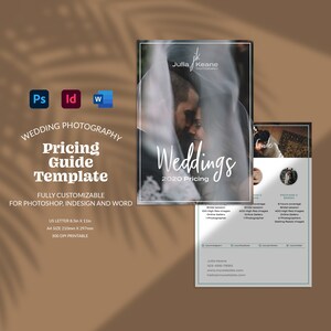 May include: A wedding photography pricing guide template with a couple in the background. The template is fully customizable for Photoshop, InDesign, and Word. It is 8.5 inches by 11 inches and 300 DPI printable.