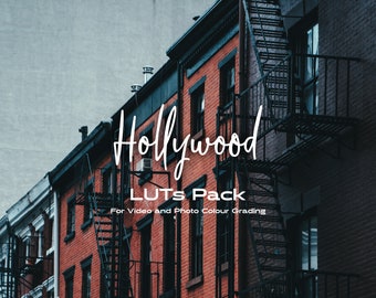 May include: A close-up of a brick building with fire escapes. The building is red and has a sign that says "Hollywood LUTs Pack For Video and Photo Colour Grading".