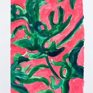 Botanical Green And Pink Plant Painting, Original Acrylic Painting on Card, Drew Art Original, Livingroom Art, A4 Art, Wall Art, Handmade