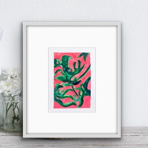 Botanical Green And Pink Plant Painting, Original Acrylic Painting on Card, Drew Art Original, Livingroom Art, A4 Art, Wall Art, Handmade