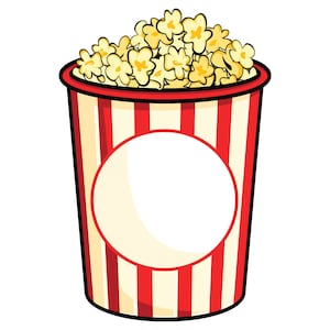 Peut inclure: Un seau à popcorn rayé rouge et blanc avec un cercle blanc au centre. Le seau est rempli de popcorn jaune.
