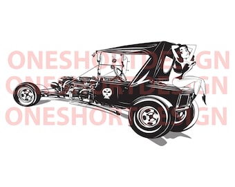 May include: Black and white illustration of a hot rod with a skull on the side and a woman sitting on the back. The car has a black canvas top and a large rear tire.