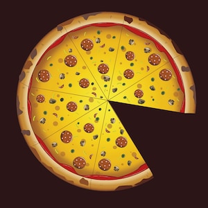 May include: A round pizza with a golden crust and red sauce. The pizza is topped with pepperoni, mushrooms, and green peppers. One slice is missing from the pizza.