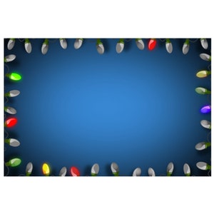May include: A blue background with a border of white and coloured Christmas lights. The lights are strung in a line and are all lit up. The lights are red, green, yellow, blue, and purple.