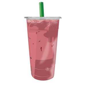 May include: A refreshing pink beverage in a clear plastic cup with a lid. The drink has a frothy top and a green straw. The cup is filled with a pink liquid, possibly a smoothie or a fruit drink. The image is set against a white background.