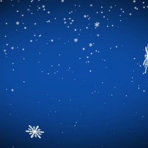 May include: A blue background with white snowflakes falling. The snowflakes are of different sizes and shapes.