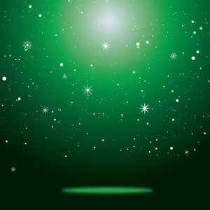 May include: A green background with white snowflakes falling. The background fades from a lighter green at the top to a darker green at the bottom. There is a white glow in the center of the image.