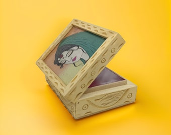 Handcrafted Wooden Jewelry Box with Gemstone Painting - Unique Gift (Size: 9x11x4cm)