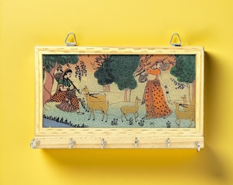 Großer handgefertigter Schlüsselhalter aus Holz mit Edelsteinmalerei und -schnitzerei (21 x 13 Zoll)
