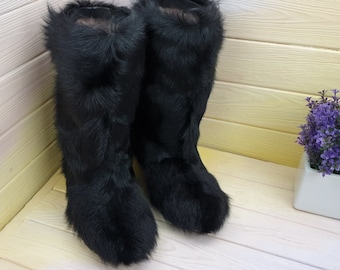 Black genuine goat fur snow boots, after ski furry boots, mukluks