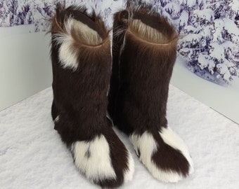 Brown/white genuine high fur winter boots snow furry yeti boots, goat fur boots