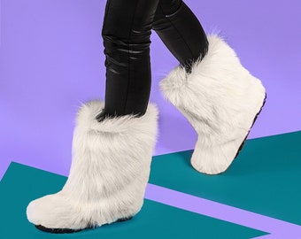 White fur boots for women, long fur boots, yeti boots, white colour goat furry boots, Eskimo mukluks, Sister gift,  LITVIN