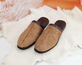 Brown slippers, men's house shoes, leather slippers,natural color fur of calf slippers, closed toe slippers, home slippers
