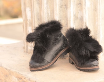 Genuine leather boots with black fox fur combat boots women ankle boots