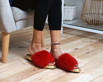 Women's house gold leather shoes, home red fur slippers, open toe slippers