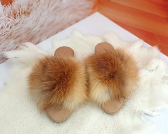 Women fox fur leather house slippers Open toe home shoes Furry house slippers