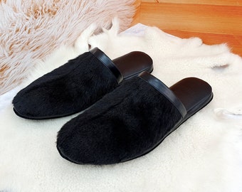 Black slippers, men's house shoes, leather slippers, goat fur slippers, closed toe slippers, home slippers,gift for him