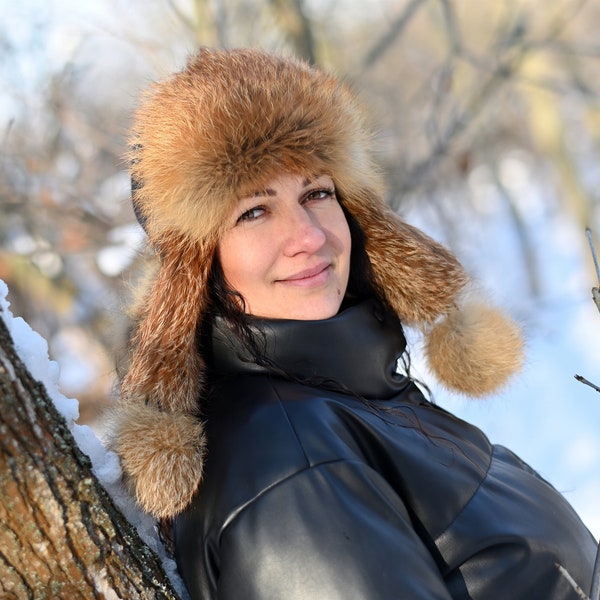 Chapeau d’hiver en cuir de fourrure de renard pour femme russian ushanka chapeau de trappeur en vraie fourrure