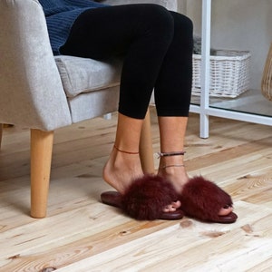 Women's house shoes,home leather slippers, claret red colour fur of rabbit slippers, open toe slippers