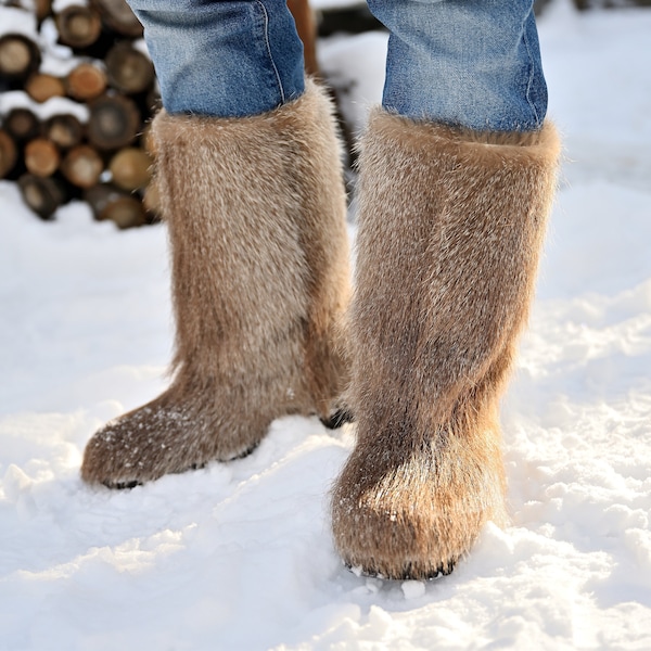 Mukluks de piel auténtica para hombre, botas vikingas de invierno de piel larga, botas de nieve peludas impermeables de nutria