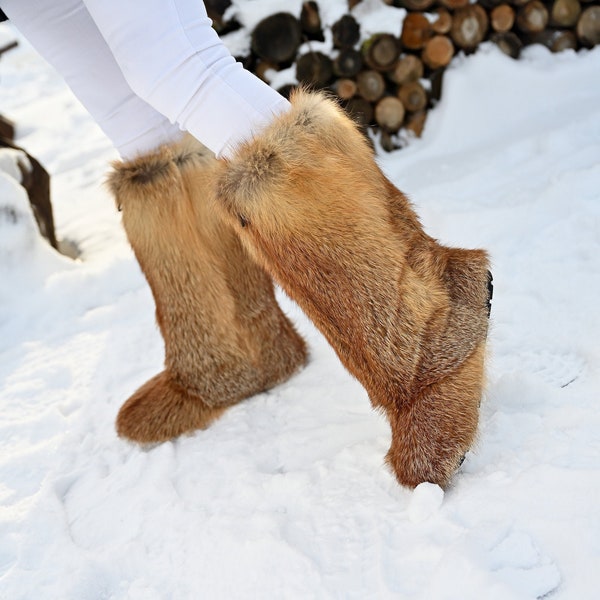 High fox fur long boots, womens genuine red fox fur boots, Furry snow boots