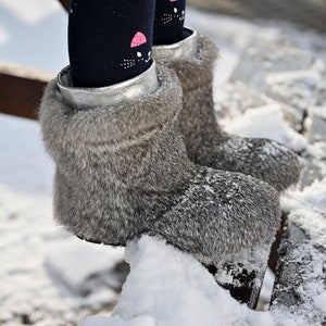33 EU Gray kids fur winter boots cozy soft rabbit fur youth boots, girls snow boots, yeti boots for kids, children mukluks image 2