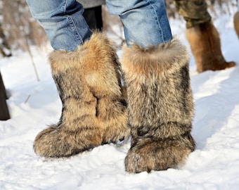 Coyote fur boots for men, mukluks,viking boots, yeti boots, furry snow boots, winter boots, Eskimo mukluk boots LITVIN