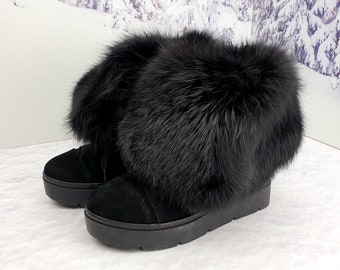 Winter Black fox fur suede ankle booties Women platform boots