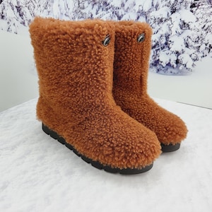Brązowe futrzane buty Teddy Damskie zimowe prawdziwe owcze futrzane buty