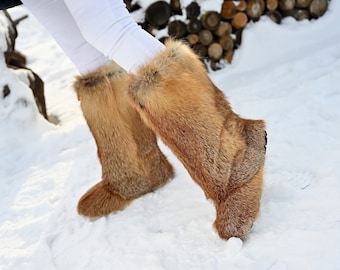 High fox fur long boots, womens genuine red fox fur boots, Furry snow boots