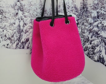 Crossbody bag fuchsia lamb fur bag  Genuine leather purse