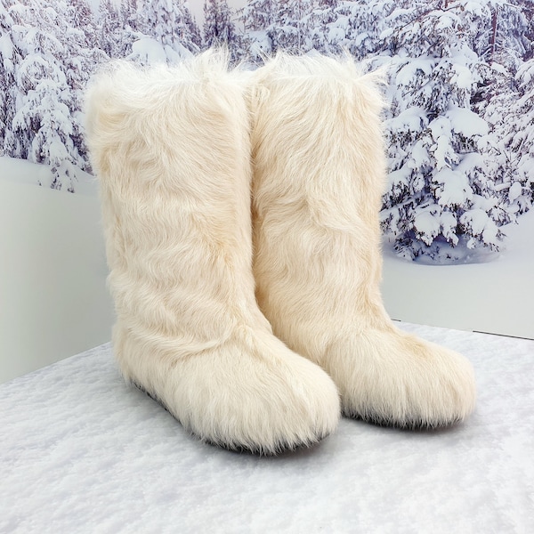Mukluks de piel de cabra blanca y cremosa para mujer, las botas de piel de invierno más cálidas, botas de piel auténtica