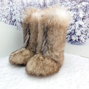 Super Fluffy Brown Gray Real Goat Fur Boots for Women - Etsy