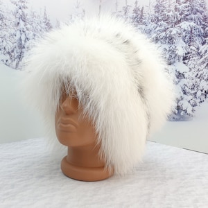 White arctic fox fur winter hat Snow trapper hat