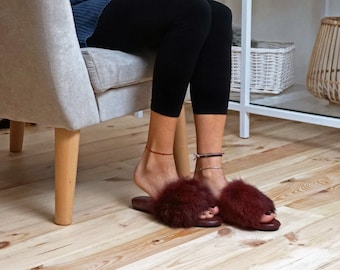 Women's house shoes,home leather slippers, claret red colour fur of rabbit slippers, open toe slippers