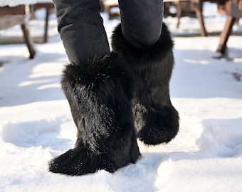 Black fox fur winter boots for women Furry snow boots Women real fur boots