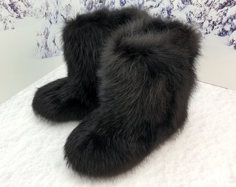 Real Black Fox fur ankle boots Women winter fur boots Snow boots