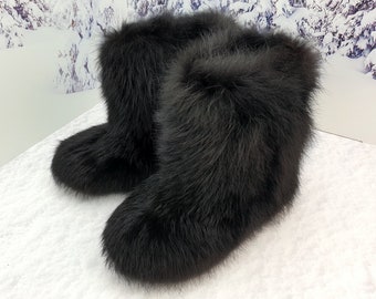 Echte schwarze Fuchspelz Stiefeletten Frauen Winter Pelz Stiefel Schnee Stiefel