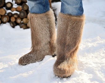 Men's genuine fur mukluks Long fur winter viking boots Waterproof nutria furry snow boots