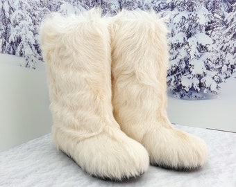 White creamy goat fur mukluks for women Warmest winter fur boots Genuine fur boots