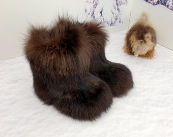 Brown girl's fur winter boots,steppe lynx fur toddler boots, kids snow mukluks, yeti boots for kids, children winter shoe