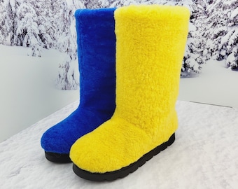 Women real fur boots From Ukraine with love Blue Yellow Sheepskin winter boots