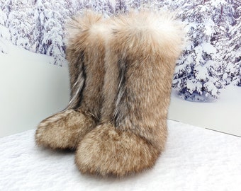 Super fluffy Brown gray real goat fur boots for women