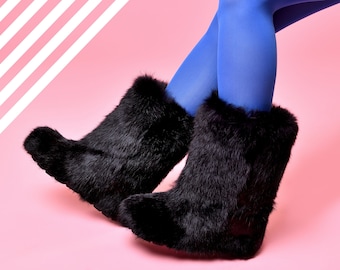 Black rabbit boots for women, mukluk boots, yeti boots, black colour rabbit fur boots, long boots, winter boots, girlfriend gift