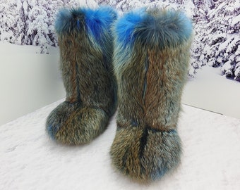 Exclusive Blue real Fox fur women winter boots Furry snow boots