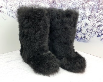 Black genuine Toscana fur women boots Snow cozy fluffy boots Women mukluk from real fur